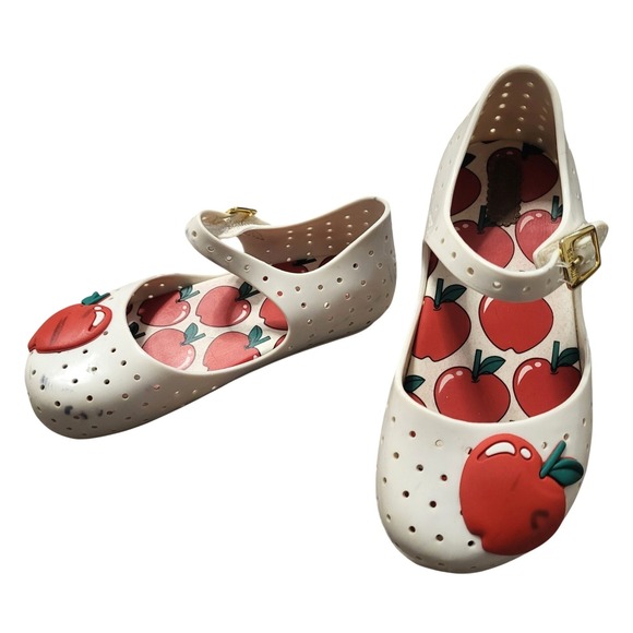 Mini Melissa Other - Mini Melissa Apple Mary Jane Jelly Shoes Cream Red‎ White Buckle Flats Fruit 10